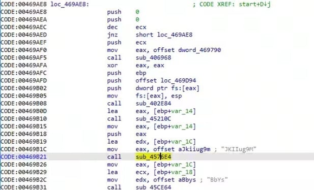 Call to the custom Base64 wrapper function at 0x4576E4 as seen in IDA Pro.