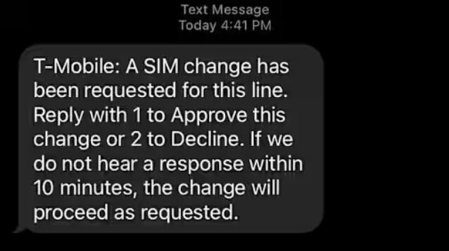 Example of a SIM swapping notification received from a wireless carrier