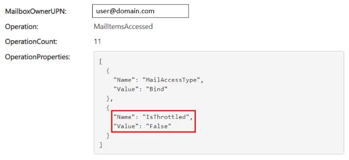 Figure 1. Example of a MailItemsAccessed bind operation that is not throttled