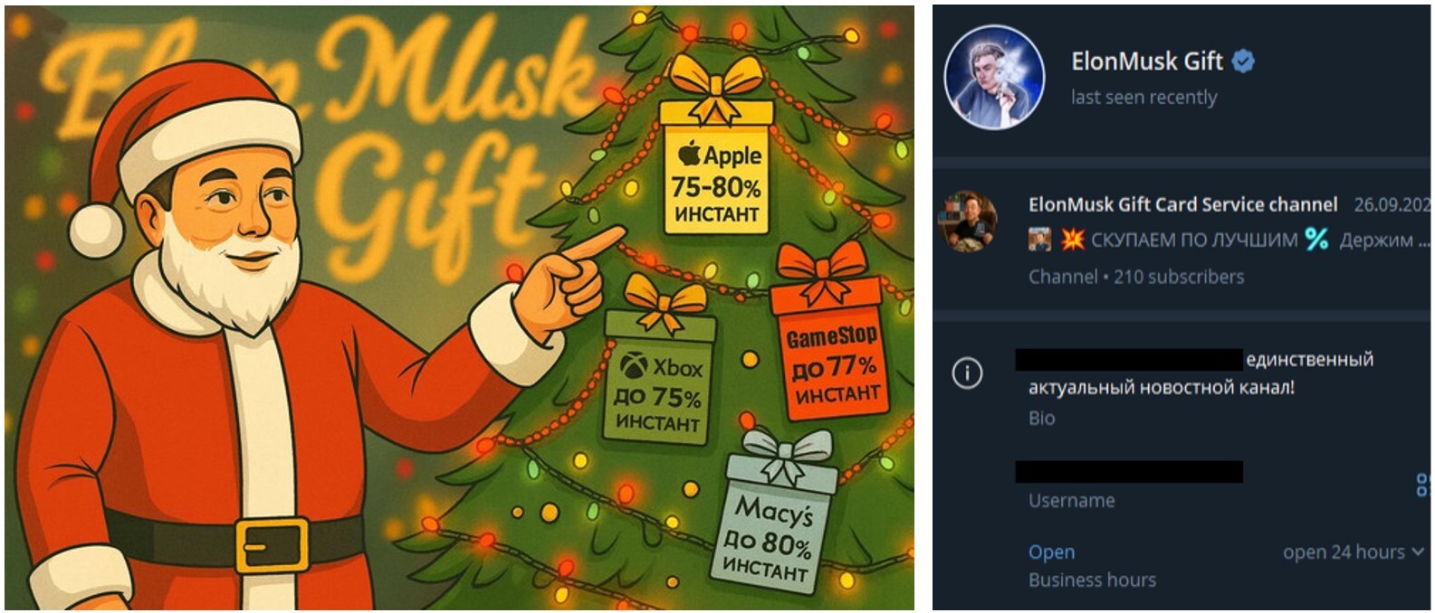 Figure 1. Promotional materials from the “ElonMusk Gift” underground gift-card buying operation