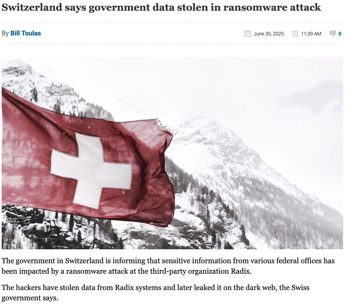 Figure 1. Switzerlands public administration is believed to have become a victim of a ransomware attack