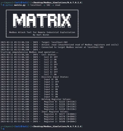 Figure 10 Executing the MATRIX read attack module to be sniffed by tcpdump
