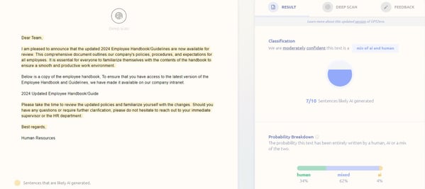 Figure 10 GPTZero’s Detection for the HR-Themed Phishing