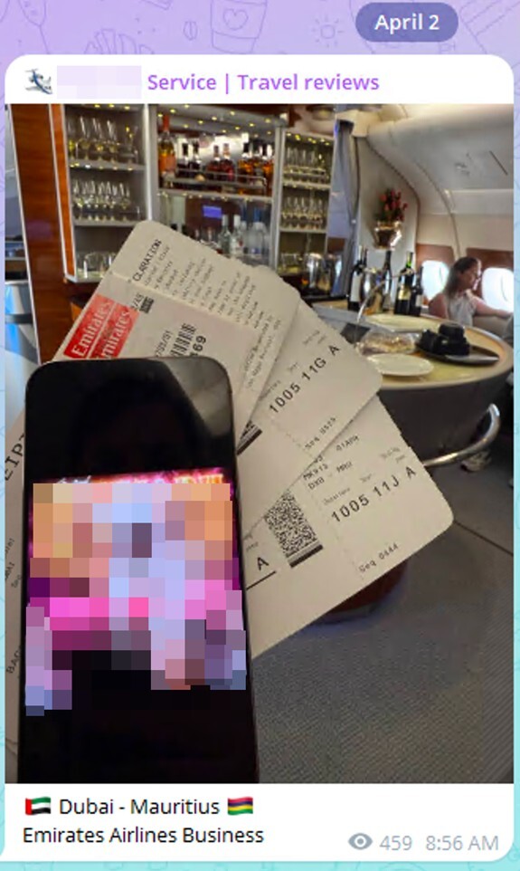 Figure 10. A dark web travel agency shows a customer’s feedback of using its service in a luxury airplane