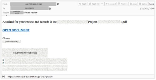 Figure 10. A sample of an email with a Craft phishing link sent from a compromised government council address, requesting the recipient to review a supposed project document
