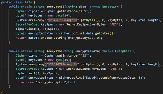 Figure 10. Static key decryption logic inside AeTs.decryptA() method