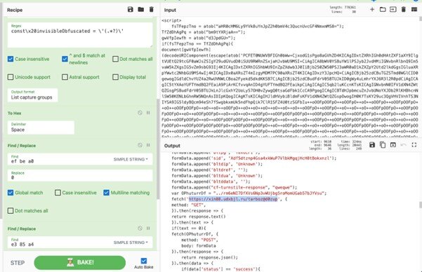 Figure 12. Paste the Tycoon2FA phishing landing page HTML source code to the CyberChef input form