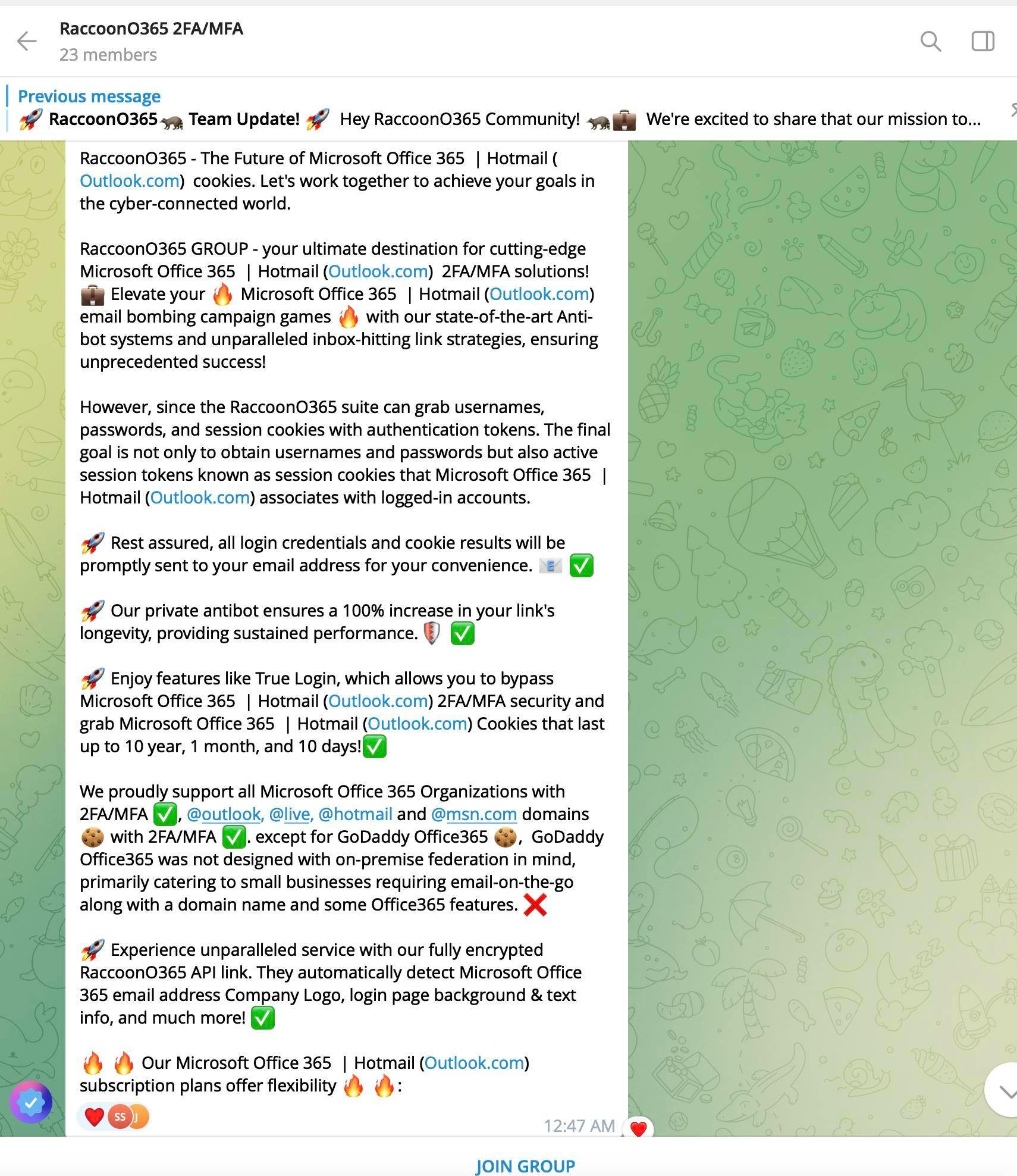 Figure 16. RaccoonO365 as marketed on Telegram.