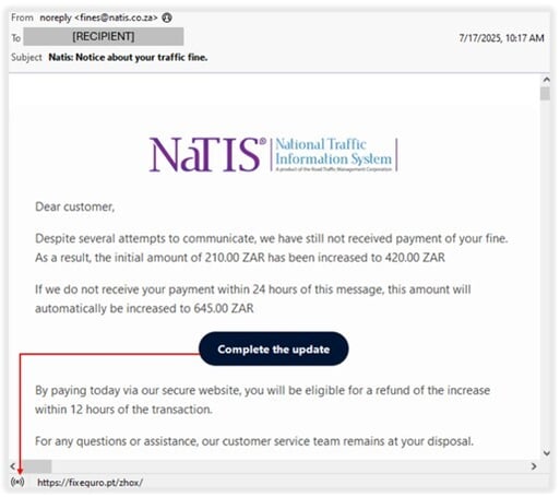 Figure 17. Phishing email posing as a NaTIS traffic fine notification that contains a malicious link