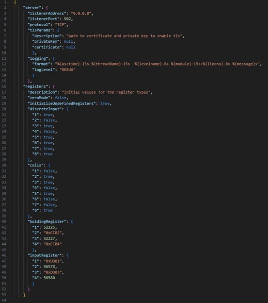 Figure 2 The `server_config.json` file  (Modbus TCP server config)