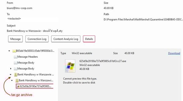 Figure 2. MailMarshal unpacking tar.gz attachment from fake product email.