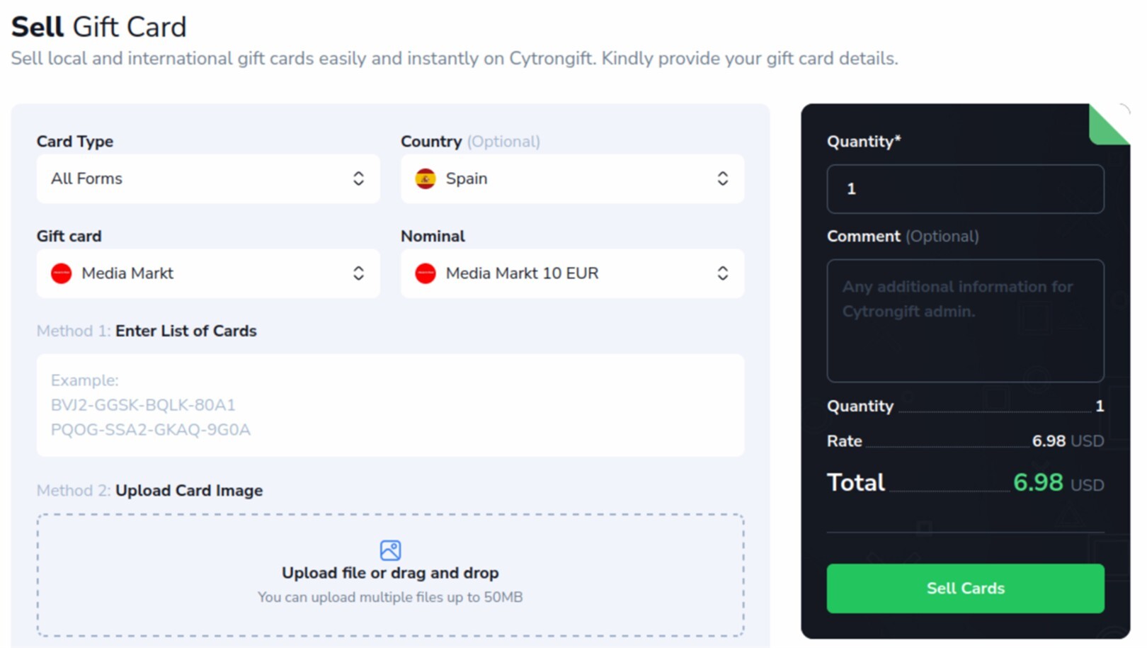 Figure 2. Screenshot of the CytronGift platform’s “Sell Gift Card” page.