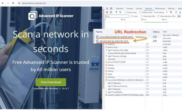 Figure 2. The malicious domain www[.]advanCCed-ip-scaNer[.]com, not to be confused with the legitimate domain www.advanced-ip-scanner.com, redirects to advanCCed-ip-scanner[.]com.