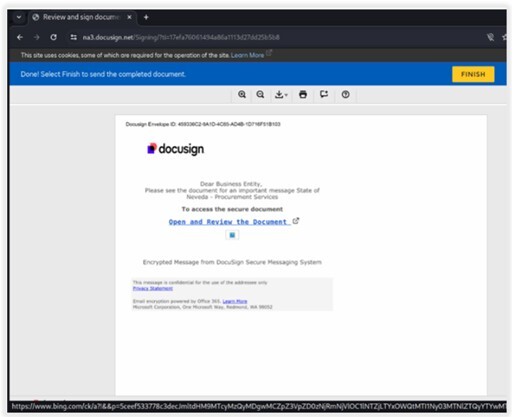 Figure 22. A genuine DocuSign page hosting a maliciously crafted document with a link that redirects to a phishing site through Bing.