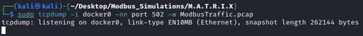 Figure 24 Start the `tcpdump` Modbus traffic sniffing command and save to a PCAP file