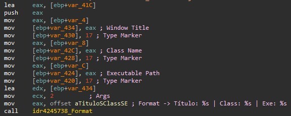 Figure 25. The Eternidade Stealer collects the Window title, class name, and executable path information