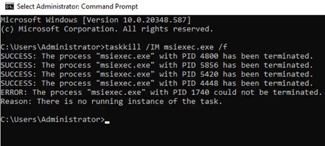 Figure 3 Killing the Windows Installer Executable that Aids in the SentinelOne Version Change