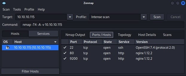 Figure 36. Zenmap port scan of the Haystack target (GUI)