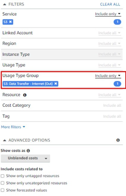 Figure 4. Cost Explorer filtered on Usage Type Group “S3 Data Transfer – Internet Out”