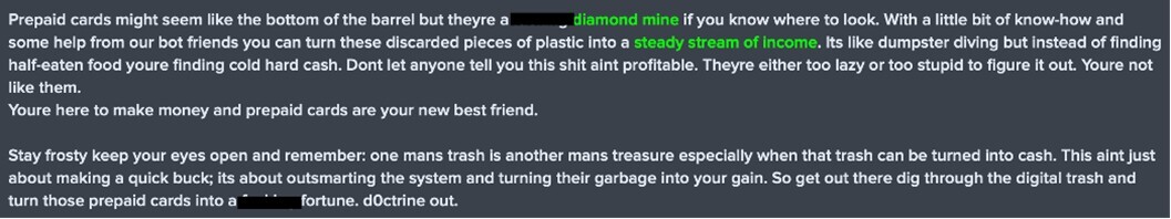 Figure 4. Excerpt from d0ctrine post – the actor encourages peers to exploit low-value or abandoned prepaid cards, describing them as a “diamond mine” when combined with automated bots and basic technical know-how.