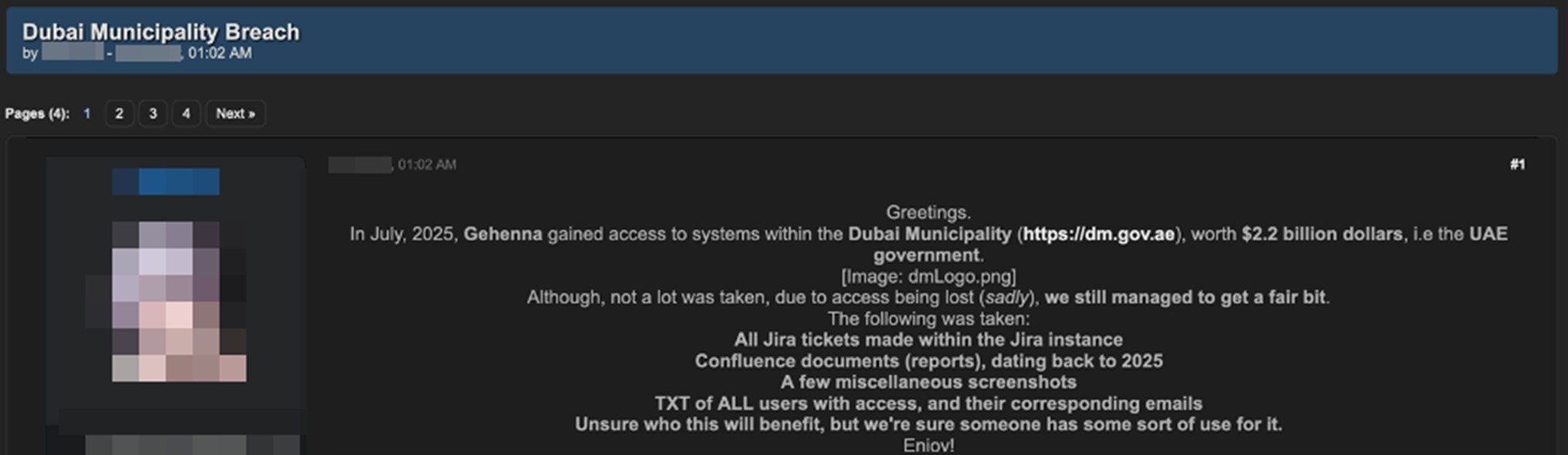 Figure 5. A threat actor is advertising data claimed to have been obtained from a breach of the Dubai Municipality