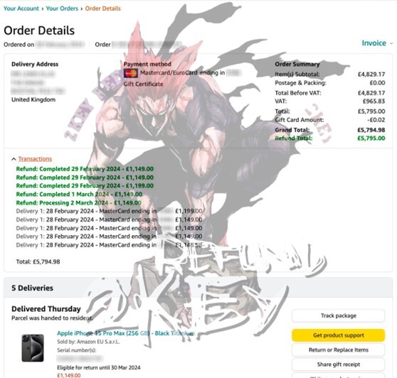 Figure 5. An example that shows a scammer receiving five separate refunds of £1,149.00 each for a single iPhone, totaling £5,745.00 — nearly the full value of the item.