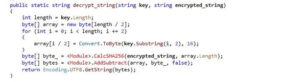 Figure 5. Variant 1 Decrypts using hex string conversion, SHA-256 hashing, and subtraction.