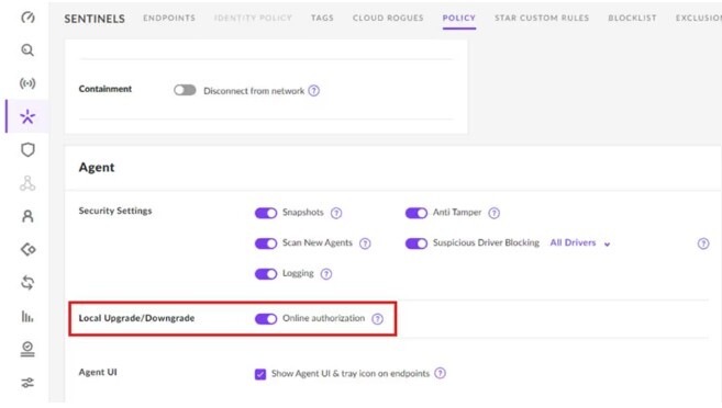 Figure 6 SentinelOne Local Upgrade-Downgrade Policy Menu