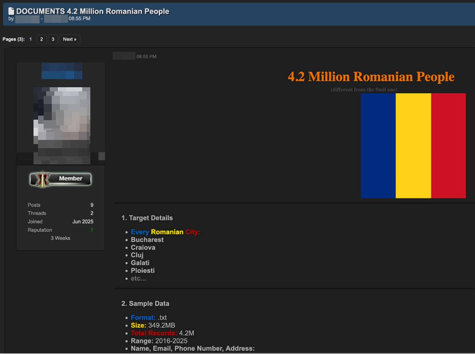 Figure 7. A dark web forum advertisement offers the stolen data of 4.2 million people from Romania