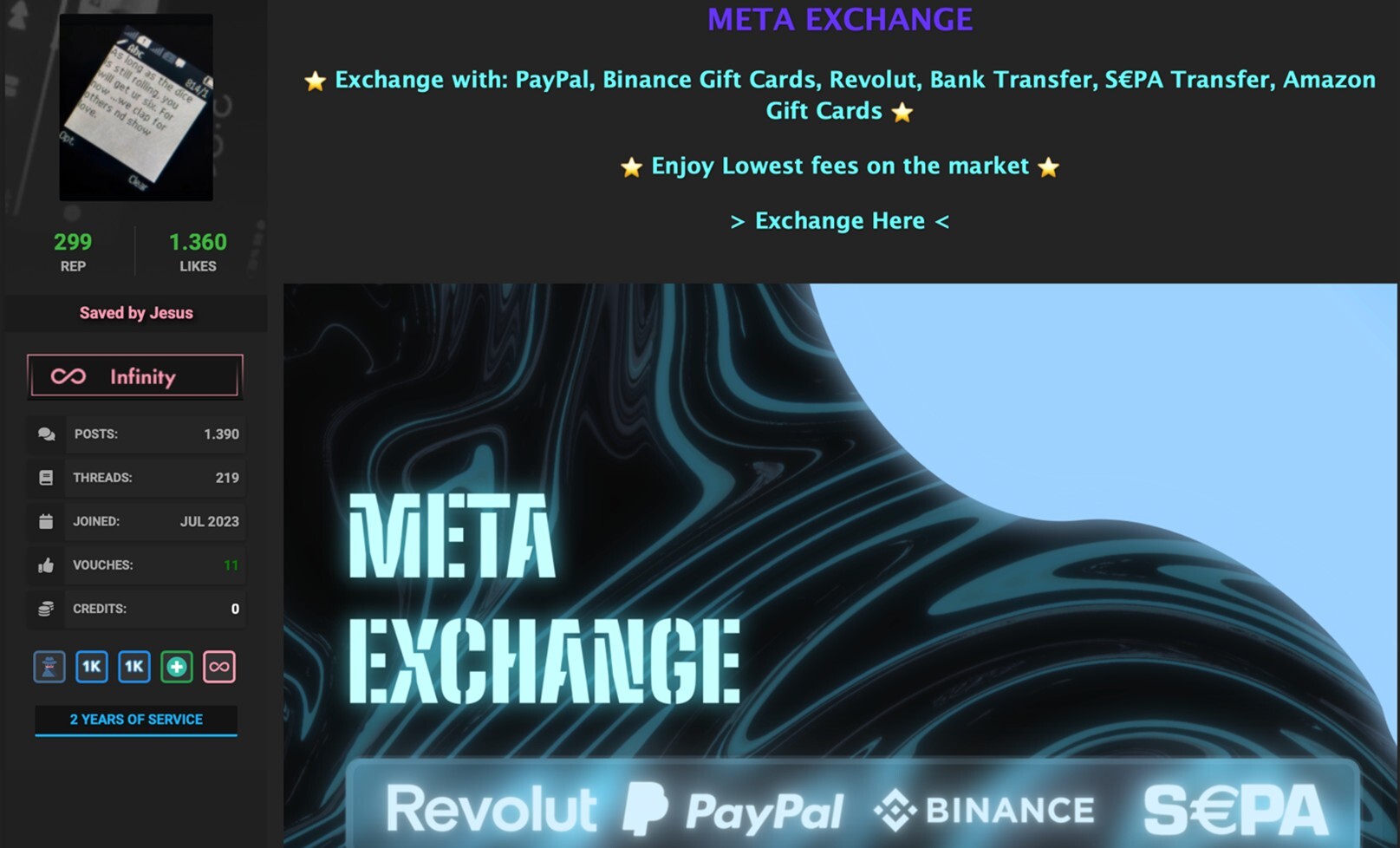Figure 7. Underground forum advertisement for a service branding itself as “Meta Exchange.”