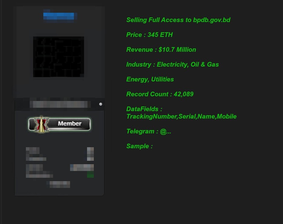 Figure 8. A restored dark web advertisement claims to offer full access to the Bangladesh Power Development Board