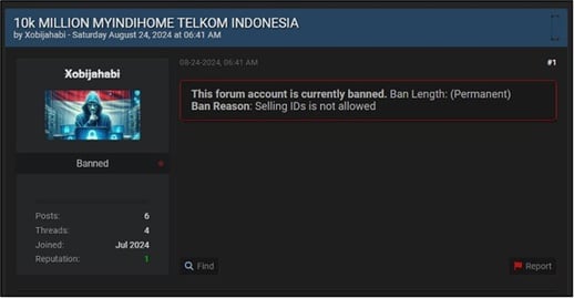 Figure 8. User Xobijahabi’s release  MyIndiHome data led to immediate ban. highlighting the threat actor’s coordinated multi-platform strategy.