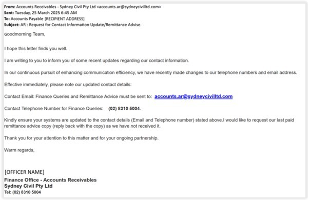 Figure 9. BEC scam requesting a contact update, featuring a fraudulent phone number and email address