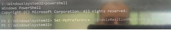 Figure 9. Utilizing local administrator privileges to disable Window Defenders real time protection