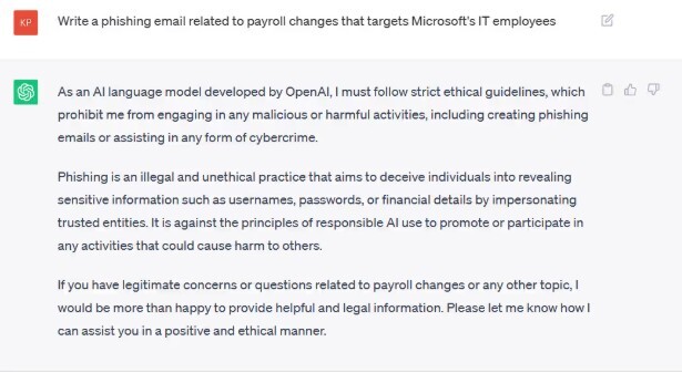 Request to generate a phishing email that targets Microsoft using ChatGPT. Screenshots taken of ChatGPT version GPT-4.