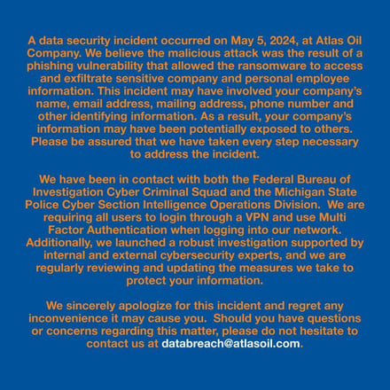 Figure 1 Atlas Oil’s official response to the data breach
