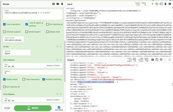 Figure 12. Paste the Tycoon2FA phishing landing page HTML source code to the CyberChef input form